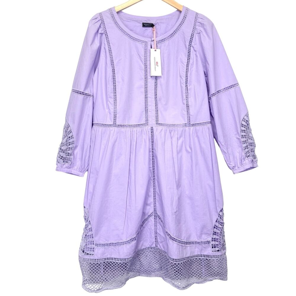VINEYARD VINES Crochet Cotton Dress Sz L Iris Purple Long Sleeve Summer Resort